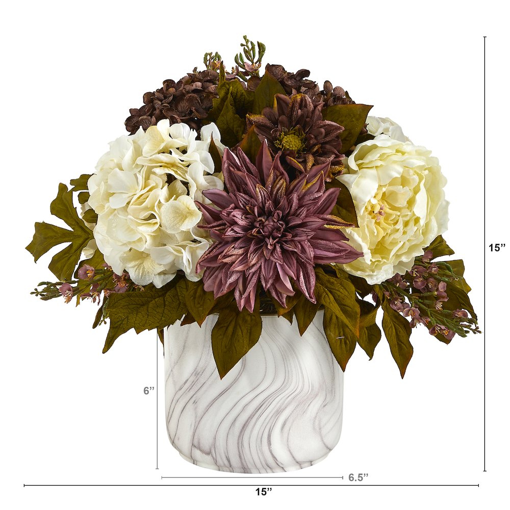 15in. Peony, Hydrangea and Dahlia Artificial Arrangement in Marble Finished Vase