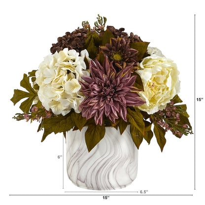 15in. Peony, Hydrangea and Dahlia Artificial Arrangement in Marble Finished Vase