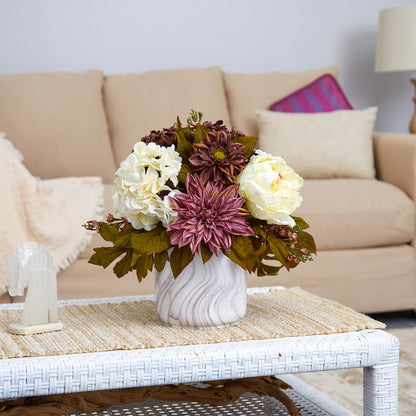 15in. Peony, Hydrangea and Dahlia Artificial Arrangement in Marble Finished Vase