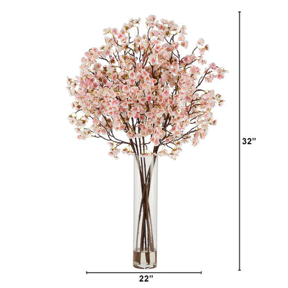 32in. Artificial Cherry Blossom Arrangement with Glass Cylinder Vase