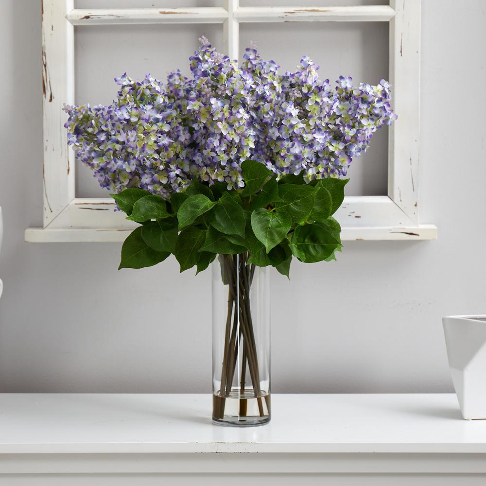 24in. Artificial Lilac Arrangement with Cylinder Glass Vase