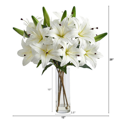 25in. Artificial Lily Arrangement with Cylinder Glass Vase