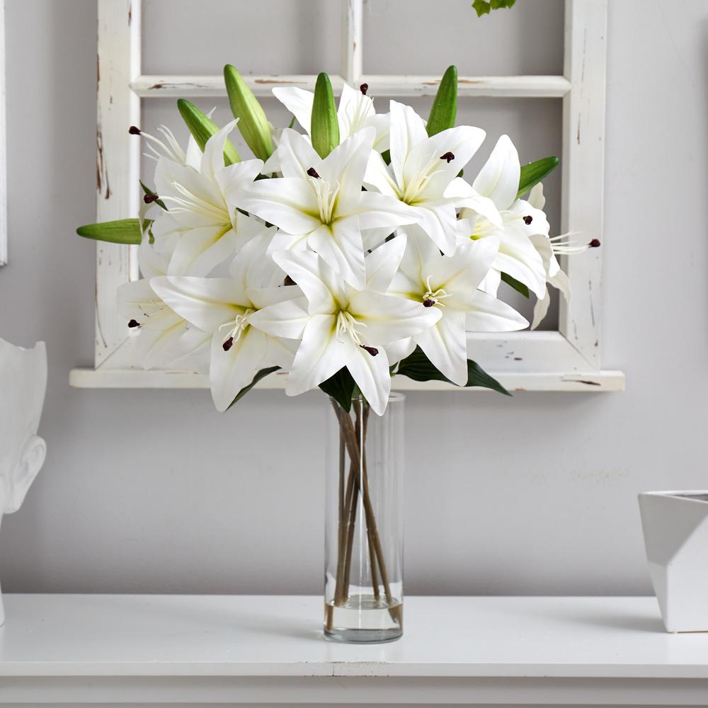 25in. Artificial Lily Arrangement with Cylinder Glass Vase