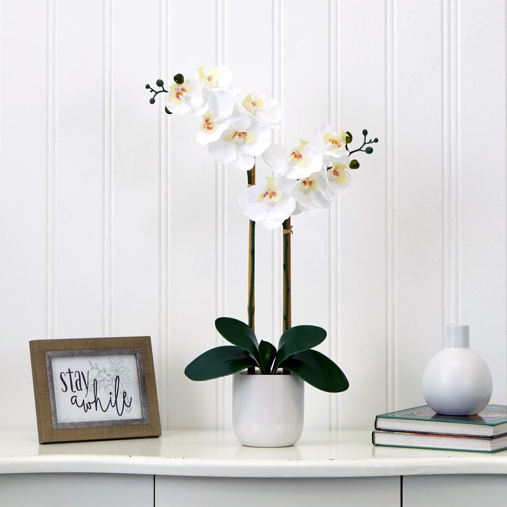 26in. Artificial Double Orchid Phalaenopsis with Decorative Vase (Real Touch)