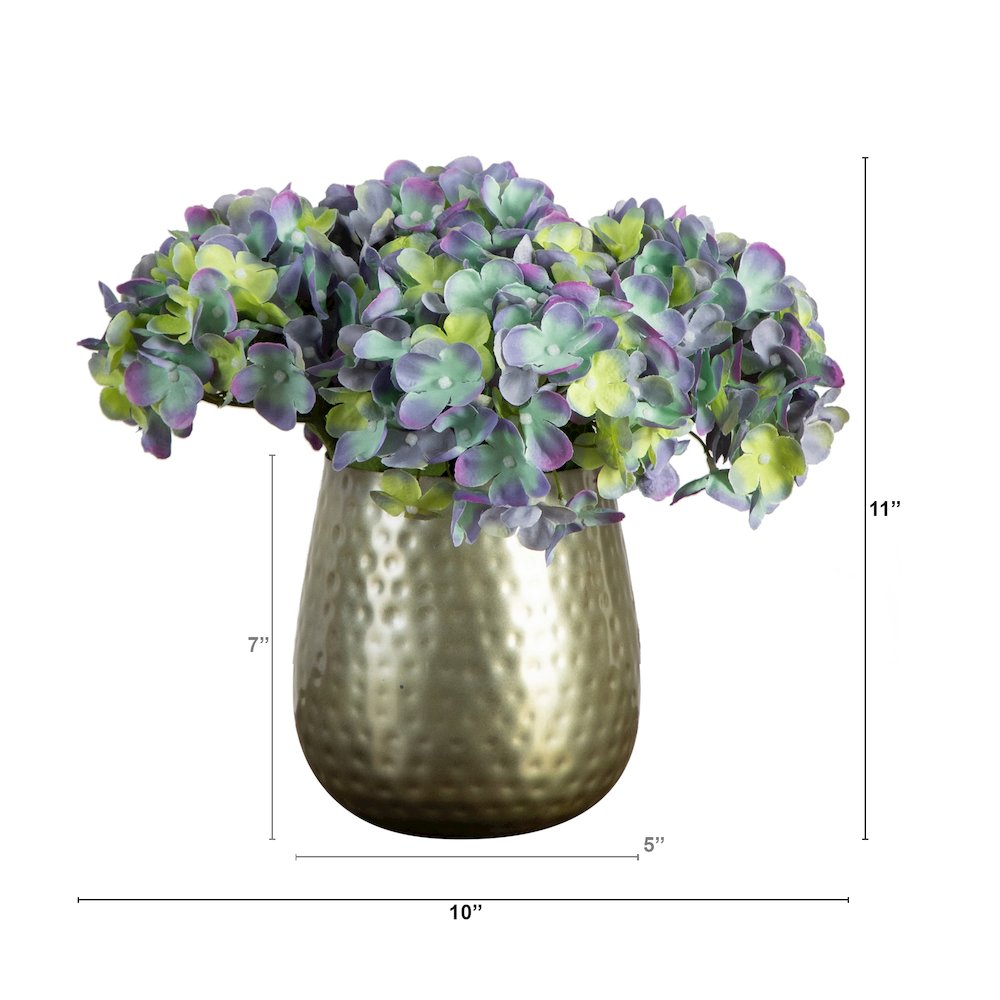 11in. Artificial Hydrangea Arrangement in Gold Metal Vase