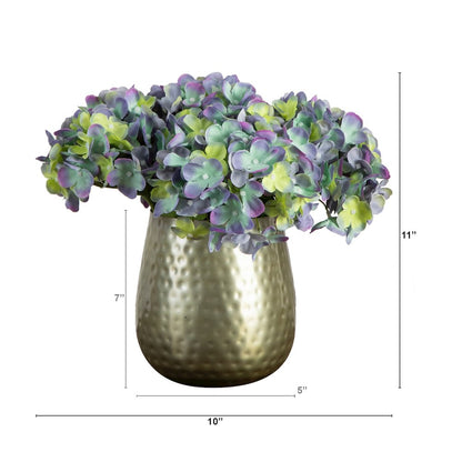 11in. Artificial Hydrangea Arrangement in Gold Metal Vase