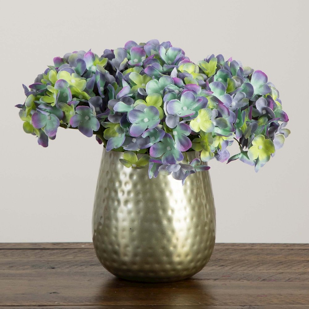 11in. Artificial Hydrangea Arrangement in Gold Metal Vase
