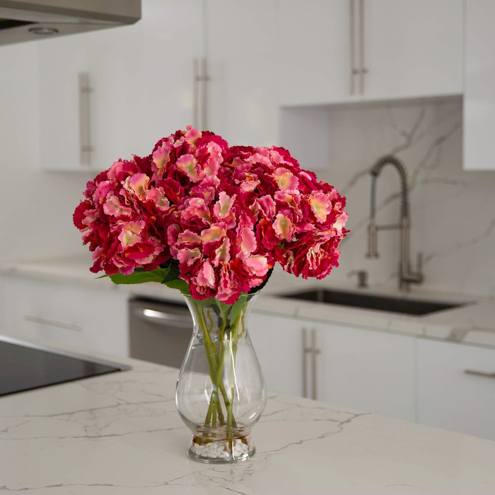 20in. Artificial Hydrangea Arrangement in Glass Vase
