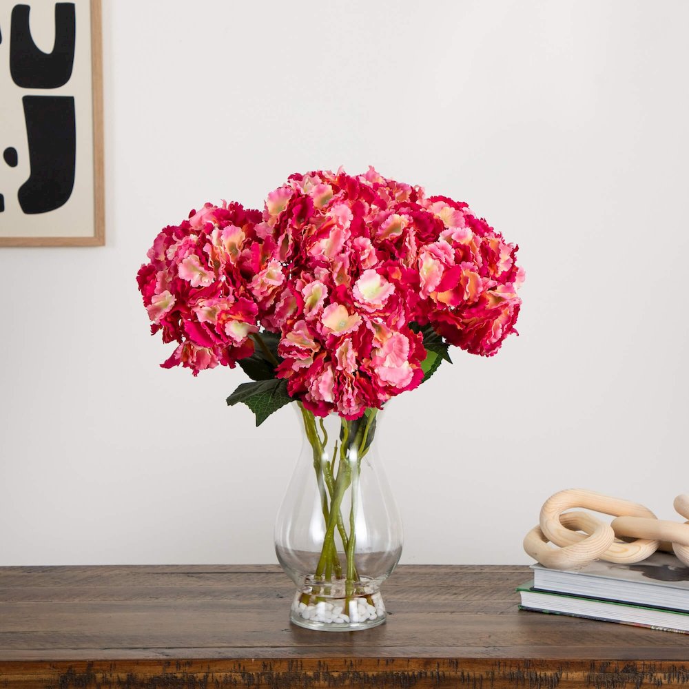 20in. Artificial Hydrangea Arrangement in Glass Vase