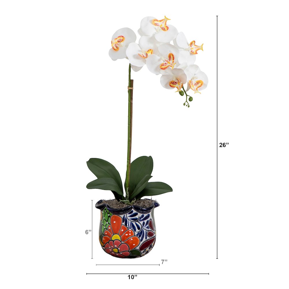 26in. Artificial Orchid Arrangement in Handmade Mexican Talavera Ceramic Planter