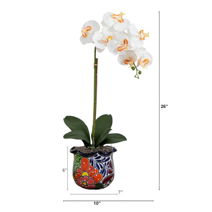 26in. Artificial Orchid Arrangement in Handmade Mexican Talavera Ceramic Planter