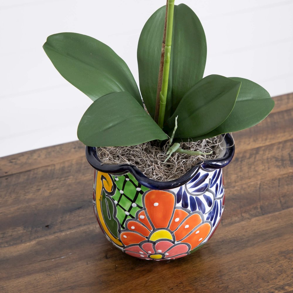 26in. Artificial Orchid Arrangement in Handmade Mexican Talavera Ceramic Planter