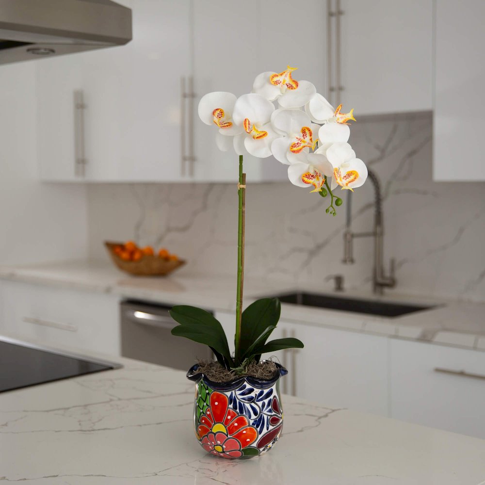 26in. Artificial Orchid Arrangement in Handmade Mexican Talavera Ceramic Planter