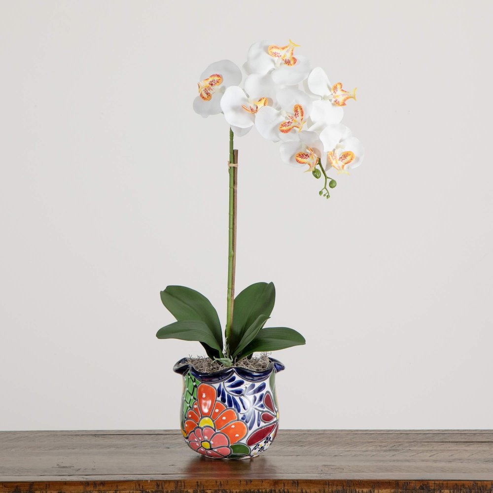 26in. Artificial Orchid Arrangement in Handmade Mexican Talavera Ceramic Planter