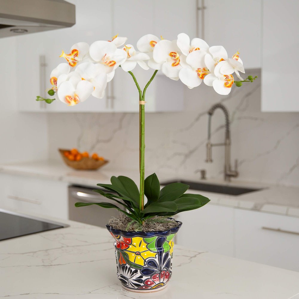 26in. Artificial Double Orchid Mexican Talavera Ceramic Planter