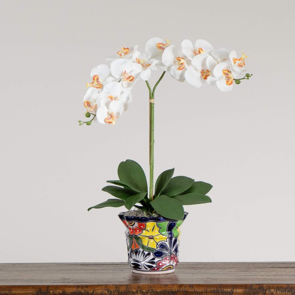 26in. Artificial Double Orchid Mexican Talavera Ceramic Planter