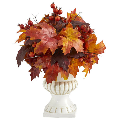20in. Autumn Maple Leaf and Berries Artificial Plant in White Urn