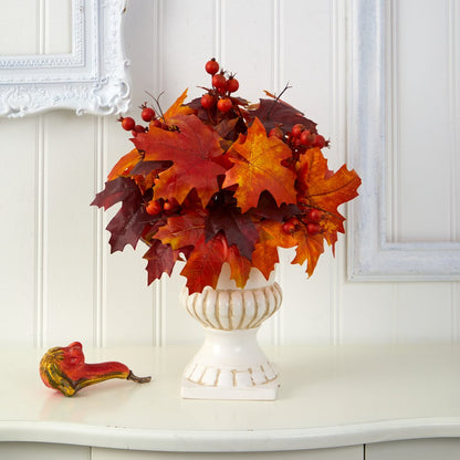 20in. Autumn Maple Leaf and Berries Artificial Plant in White Urn