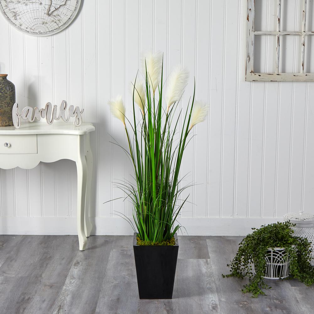 4.5ft. Wheat Plume Grass Artificial Plant in Black Metal Planter