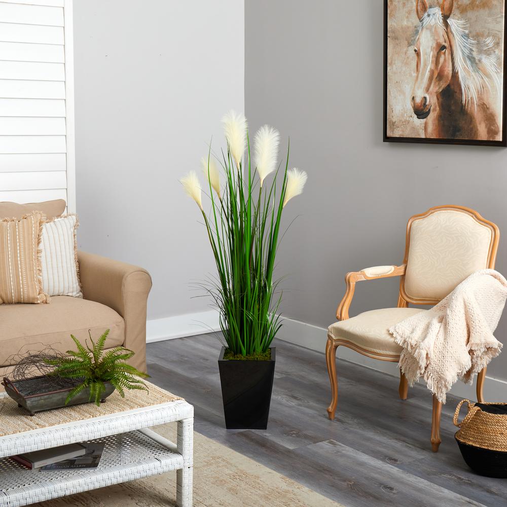 4.5ft. Wheat Plume Grass Artificial Plant in Black Metal Planter