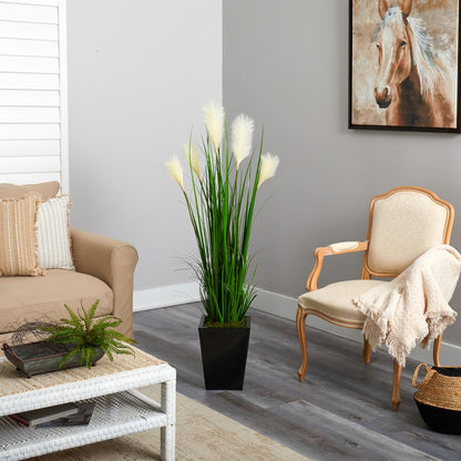 4.5ft. Wheat Plume Grass Artificial Plant in Black Metal Planter