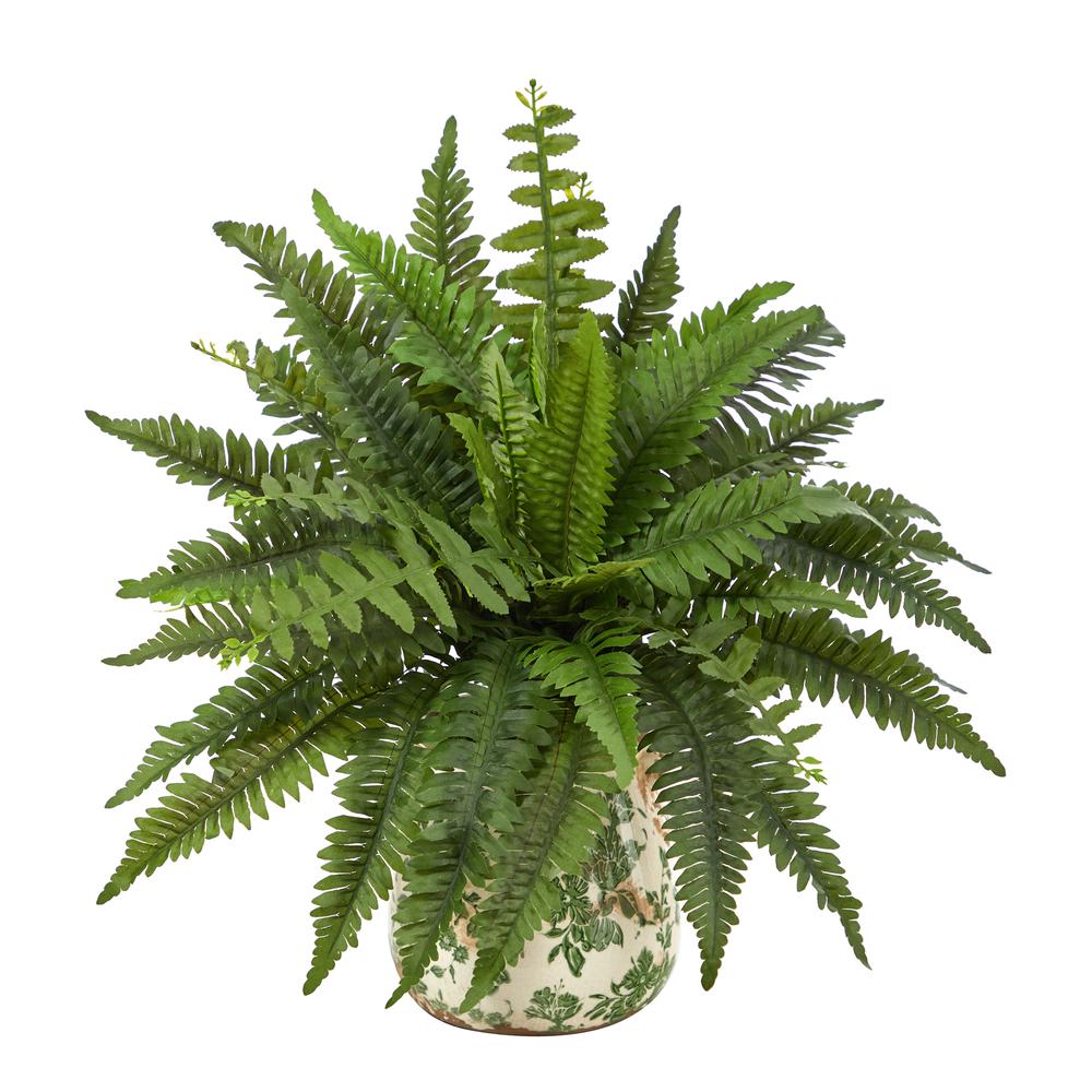 15in. Boston Fern Artificial Plant with Tuscan Ceramic Green Scroll Planter