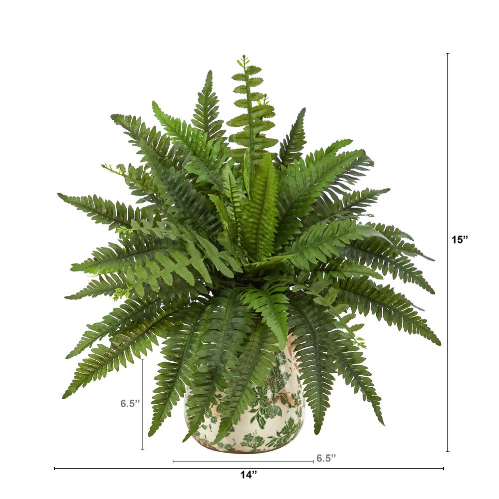 15in. Boston Fern Artificial Plant with Tuscan Ceramic Green Scroll Planter