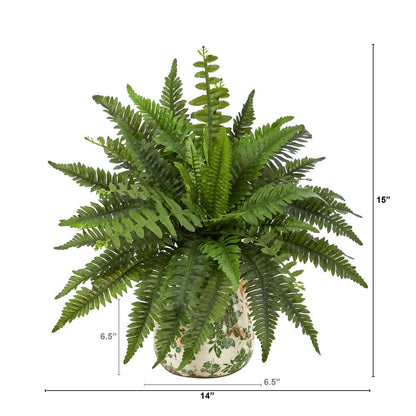 15in. Boston Fern Artificial Plant with Tuscan Ceramic Green Scroll Planter