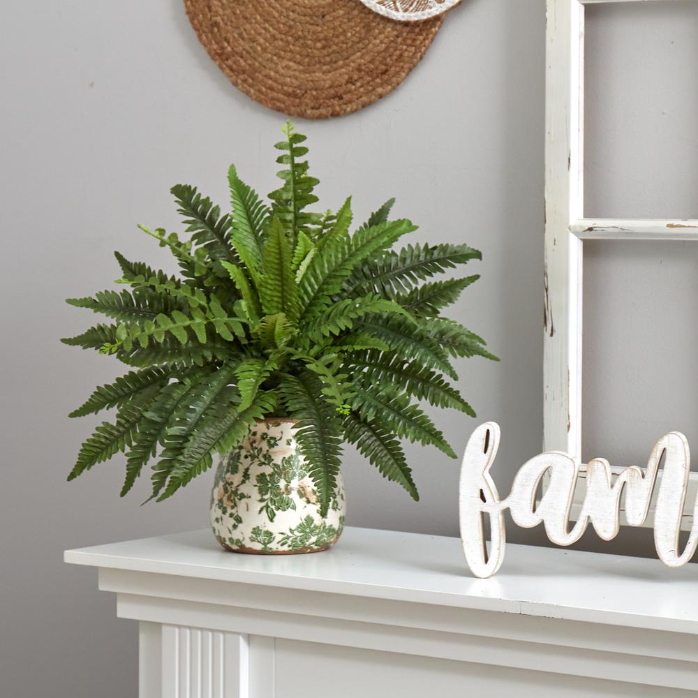 15in. Boston Fern Artificial Plant with Tuscan Ceramic Green Scroll Planter