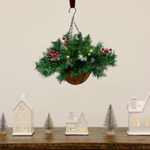 16in. Pre-Lit Artificial Pine and Berry Hanging Basket with White LED Lights