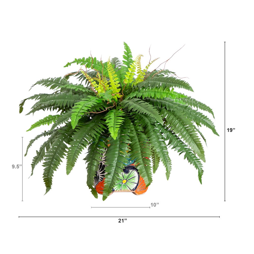 21in. Artificial Boston Fern in Handmade Mexican Talavera Ceramic Planter