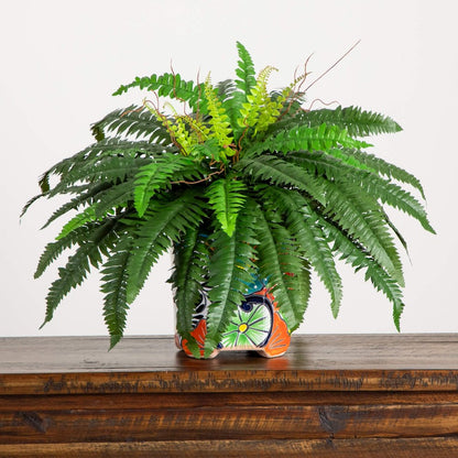 21in. Artificial Boston Fern in Handmade Mexican Talavera Ceramic Planter