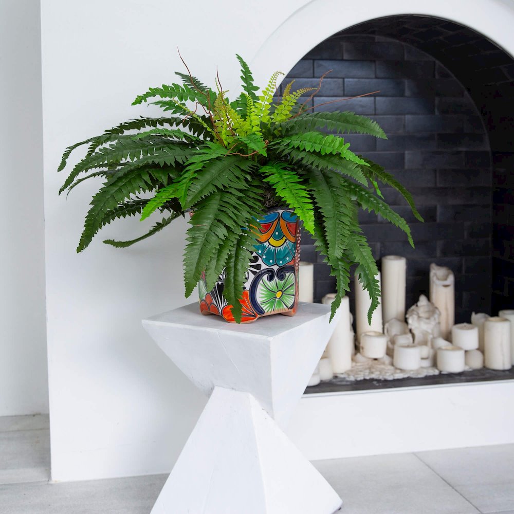21in. Artificial Boston Fern in Handmade Mexican Talavera Ceramic Planter
