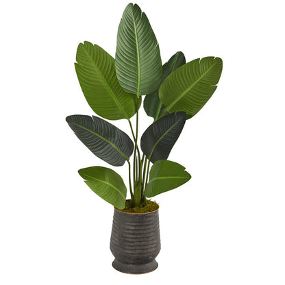 50in. Travelers Palm Artificial Tree in Ribbed Metal Planter