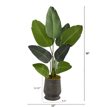 50in. Travelers Palm Artificial Tree in Ribbed Metal Planter