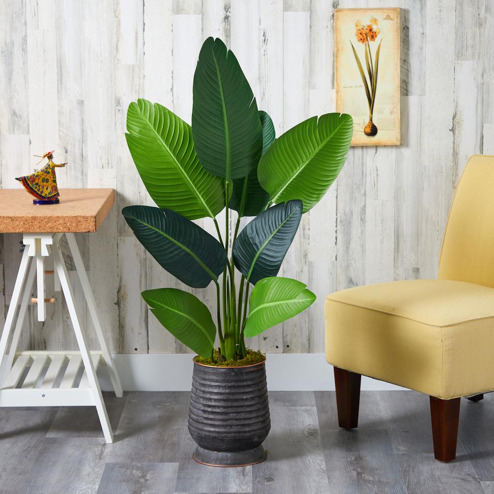 50in. Travelers Palm Artificial Tree in Ribbed Metal Planter