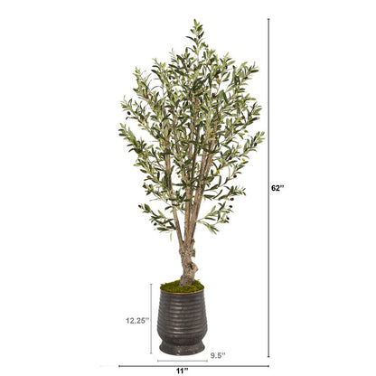 62in. Olive Artificial Tree in Ribbed Metal Planter
