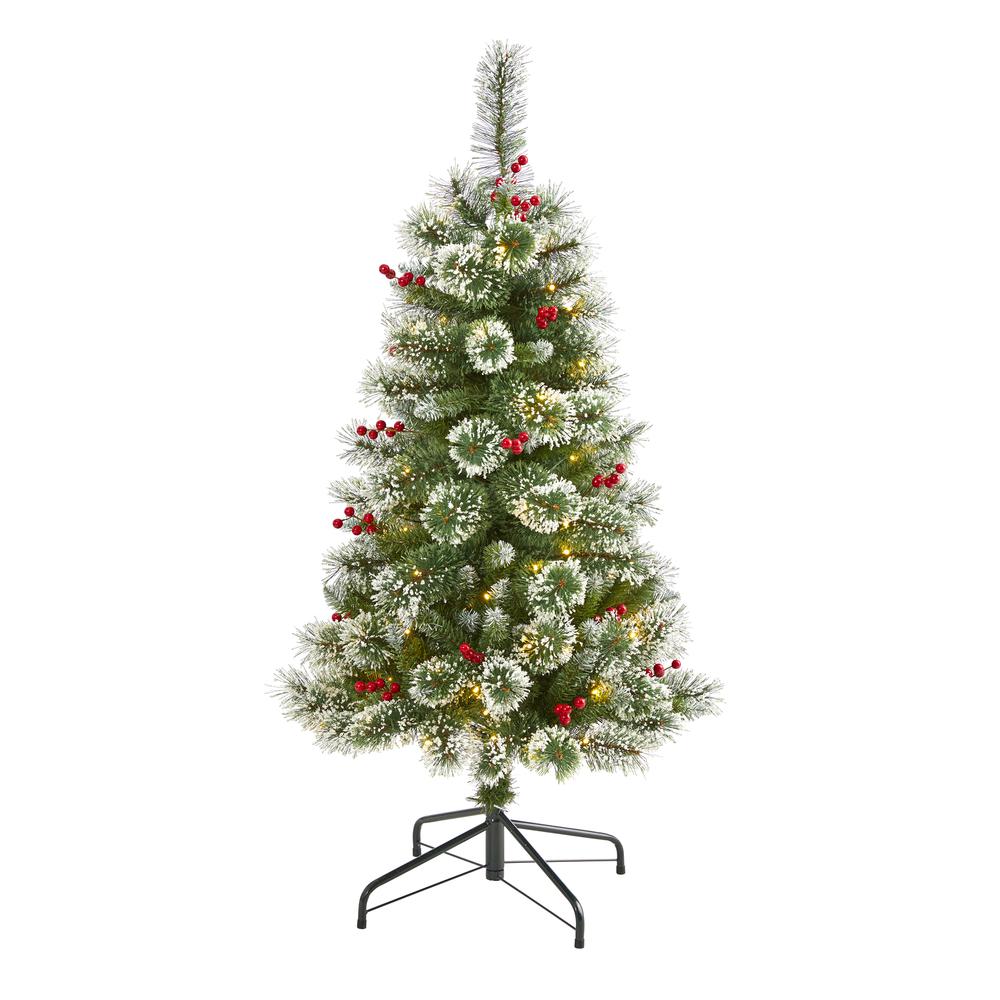 4ft. Frosted Swiss Pine Artificial Christmas Tree with 100 Clear LED Lights and Berries