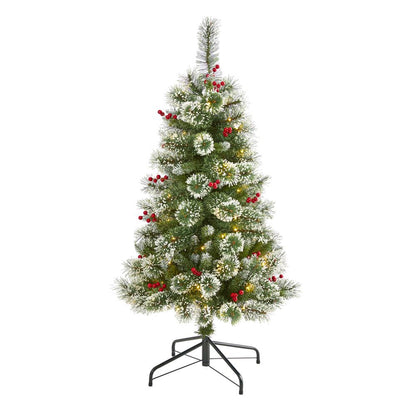 4ft. Frosted Swiss Pine Artificial Christmas Tree with 100 Clear LED Lights and Berries