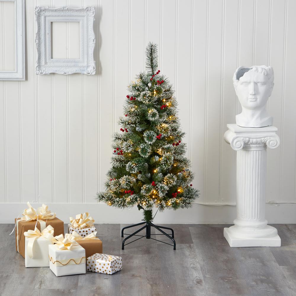 4ft. Frosted Swiss Pine Artificial Christmas Tree with 100 Clear LED Lights and Berries