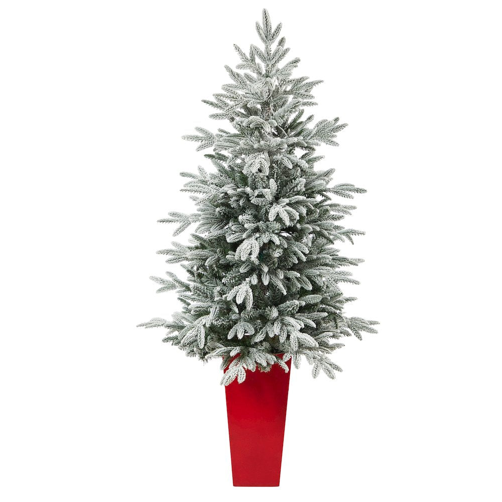 5ft. Flocked Manchester Spruce Christmas Tree with 100 Lights in Red Planter