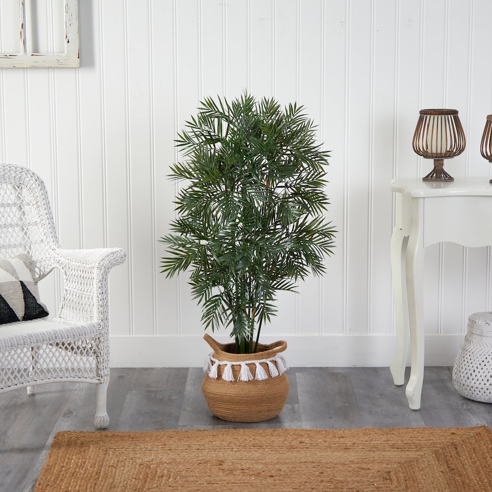 4ft. Parlor Palm Tree in Boho Chic Natural Cotton Woven Planter with Tassels