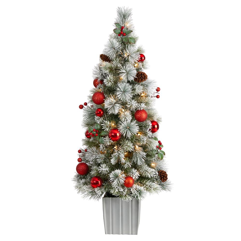 4ft. Winter Flocked Artificial Christmas Tree Pre-Lit with 50 LED Lights and Ornaments in Decorative Planter
