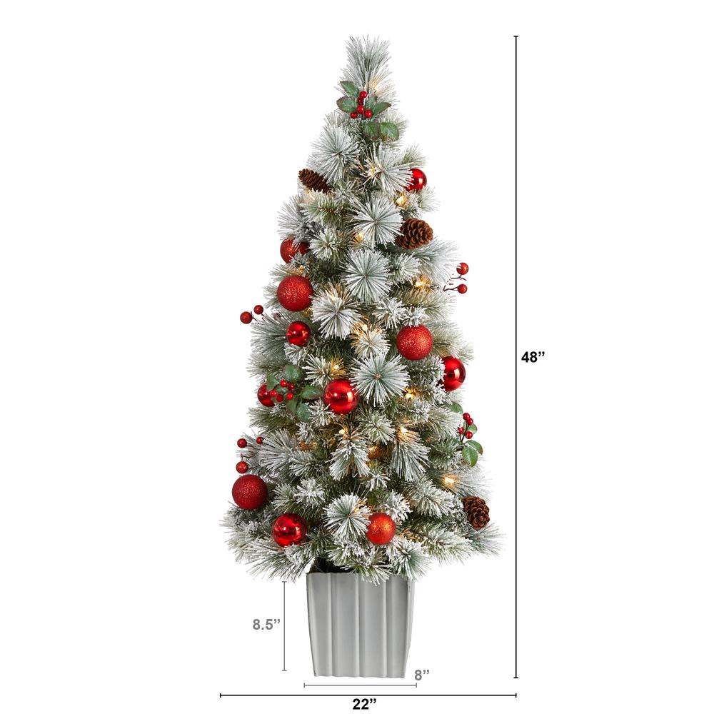 4ft. Winter Flocked Artificial Christmas Tree Pre-Lit with 50 LED Lights and Ornaments in Decorative Planter