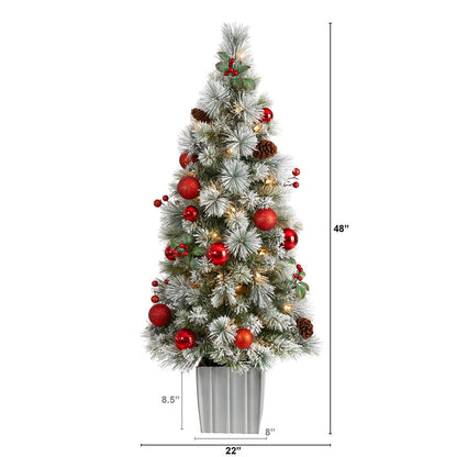 4ft. Winter Flocked Artificial Christmas Tree Pre-Lit with 50 LED Lights and Ornaments in Decorative Planter