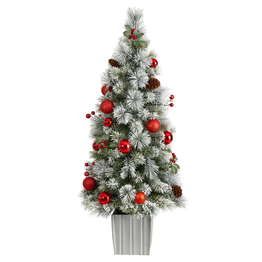 4ft. Winter Flocked Artificial Christmas Tree Pre-Lit with 50 LED Lights and Ornaments in Decorative Planter