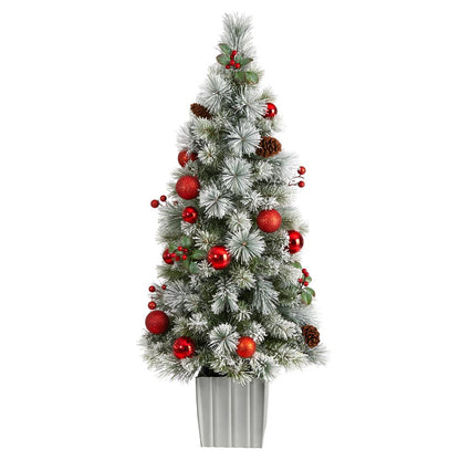4ft. Winter Flocked Artificial Christmas Tree Pre-Lit with 50 LED Lights and Ornaments in Decorative Planter