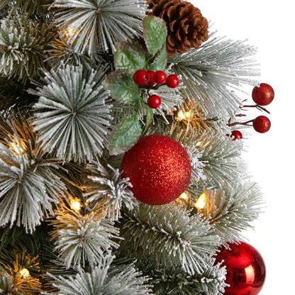 4ft. Winter Flocked Artificial Christmas Tree Pre-Lit with 50 LED Lights and Ornaments in Decorative Planter