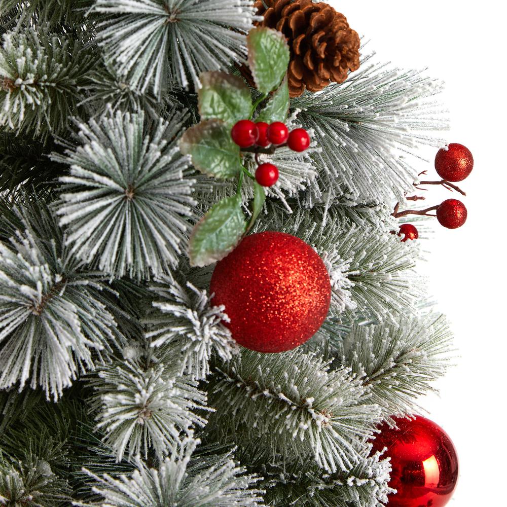4ft. Winter Flocked Artificial Christmas Tree Pre-Lit with 50 LED Lights and Ornaments in Decorative Planter