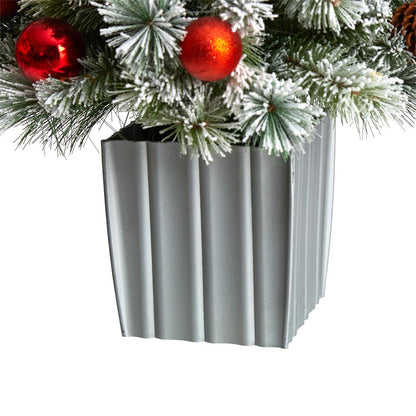 4ft. Winter Flocked Artificial Christmas Tree Pre-Lit with 50 LED Lights and Ornaments in Decorative Planter